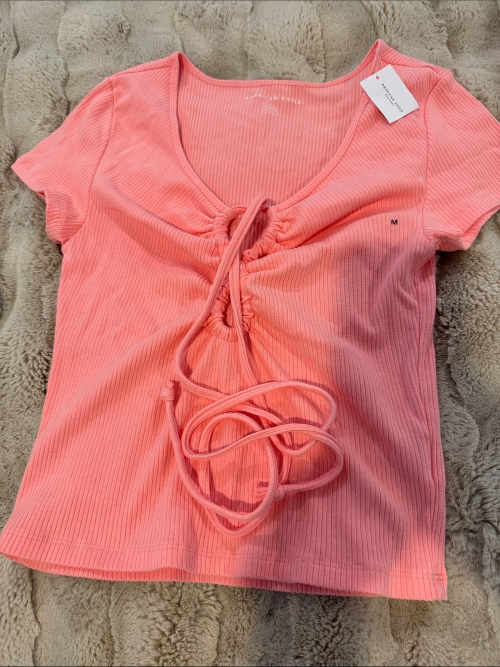 American Eagle Outfitters Coral Pink Ribbed Drawstring Crop Top